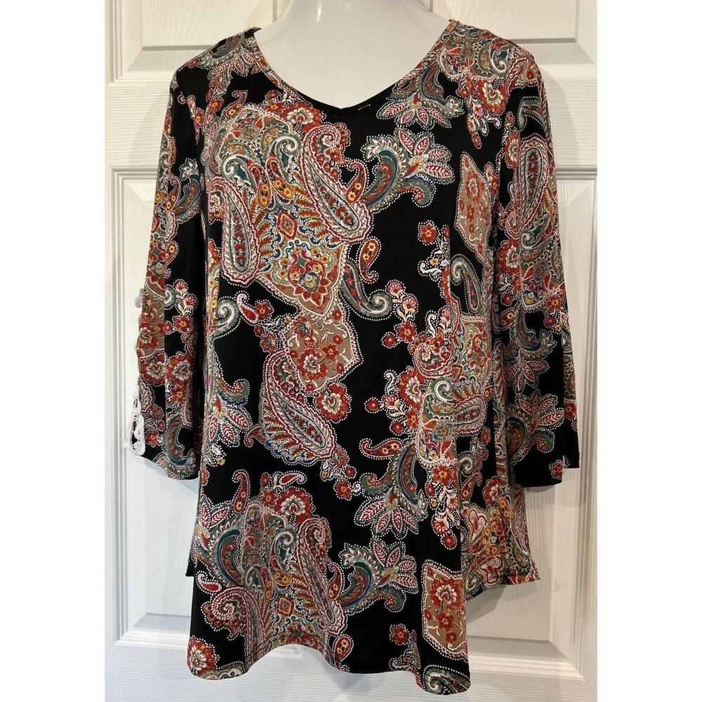 Stem & Vine Paisley Floral Crochet Sleeve Stretch Tunic Top Blouse Plus Size 1X